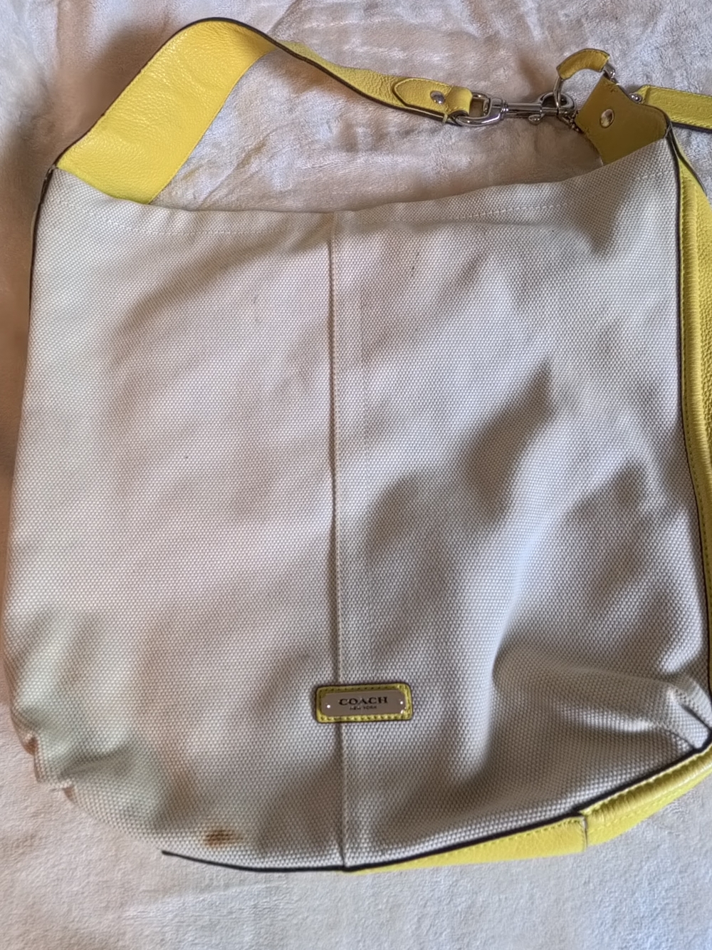 Coach Cream Canvas Hobo with Yellow Leather Trim